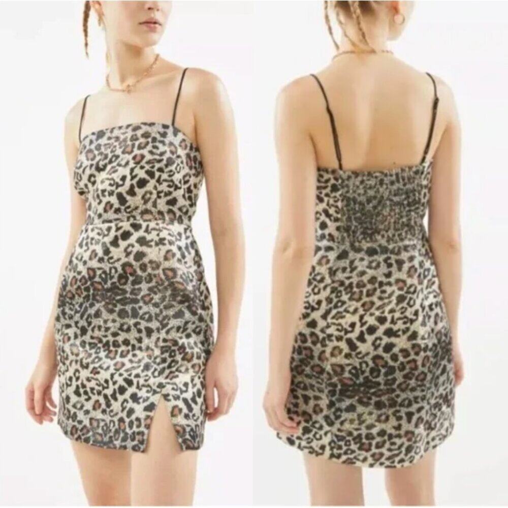 Urban Outfitters Packer Notched Leopard Print Metallic Mini Dress